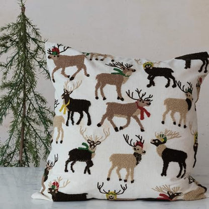 Holiday Square Cotton Pillow with Embroidered Reindeer - Multicolor, 20"