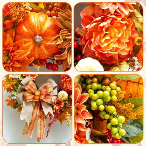 Fall Front Door Wreath 24In with Plaid Bow & Autumn Dahlias - Rustic Decor