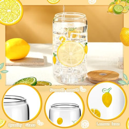 Lemon Icon Glass Tumblers Set with Lids & Straws - 4 Pack, 17 oz
