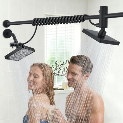 Dual Shower Head for Couples - 6-Inch Rain Shower with Adjustable Slider, Matte Black Square