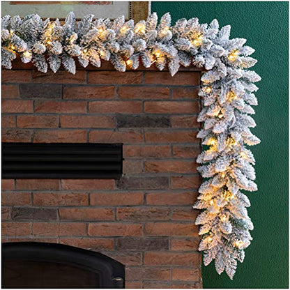 Snow Flocked Christmas Garland 9ft with Warm White LED Lights & Timer - Indoor Outdoor Decor