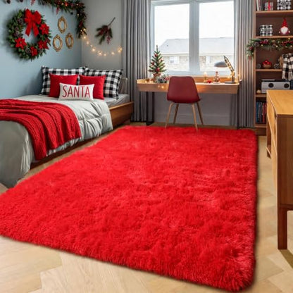 Red Fluffy Area Rug for Bedroom Living Room 4x6 Bedside Rug - Non-slip