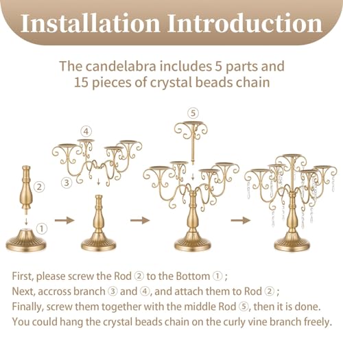 2 Pcs Gold Candelabra Candle Holders with Crystal Beads - 5 Arm Pillar Centerpiece