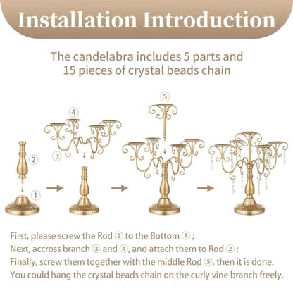 2 Pcs Gold Candelabra Candle Holders with Crystal Beads - 5 Arm Pillar Centerpiece