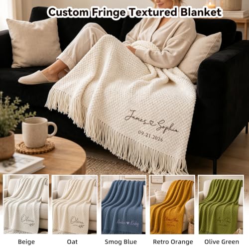 Personalized Couples Blanket with Embroidered Names & Date - Wedding Gift, Cozy Throw for Bed & Sofa