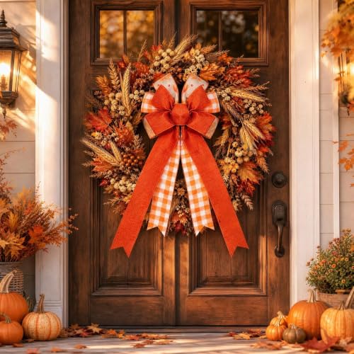 2PCS Fall Orange Burlap Ribbon Bows for Wreaths Halloween Thanksgiving Autumn Decor - Variation of 2pcs-m-fine Linen Fall Bows