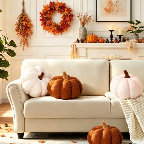 Pumpkin Shaped Throw Pillows Set of 2 - White and Brown Thanksgiving Decor