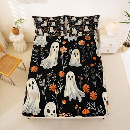 Halloween Ghost Bed Sheets Set King Size Off-White Deep Pocket Microfiber