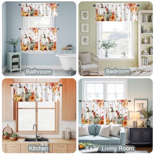 White Green Pumpkins Fall Kitchen Curtain Set Small Half Curtains 24 Inch Length - Pack of 3 White / 54" W x 24" L