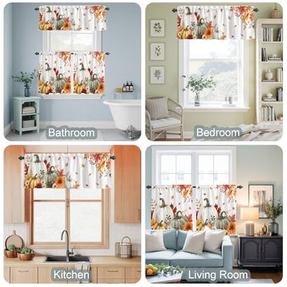 White Green Pumpkins Fall Kitchen Curtain Set Small Half Curtains 24 Inch Length - Pack of 3 White / 54" W x 24" L