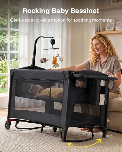 HARPPA 6-in-1 Foldable Baby Playard with Bedside Bassinet - Matt Black