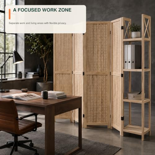 Pegboard Room Divider with Side Shelves - 4-Panel Display, Natural