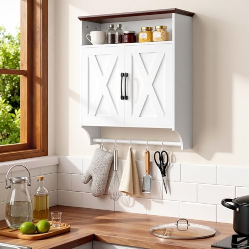 White Farmhouse Bathroom Wall Cabinet with Motion Sensor LED Light & Towel Bar