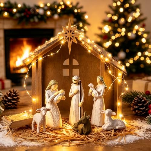 Wooden Nativity Scene Stable with Star & Lights - Christmas Decor 12"