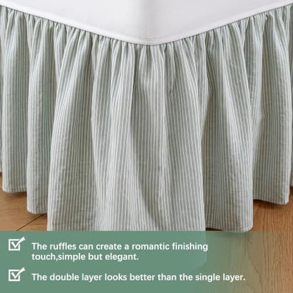 Tranqun Stripe Ruffled Bed Skirt Queen Size 16 Inch Drop Light Green
