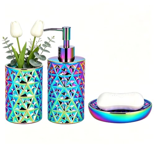 Rainbow Bathroom Accessories Set 3Pcs - Soap Dispenser, Soap Dish, Vase - Gold