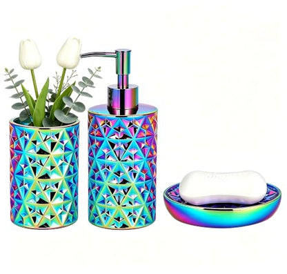 Rainbow Bathroom Accessories Set 3Pcs - Soap Dispenser, Soap Dish, Vase - Gold