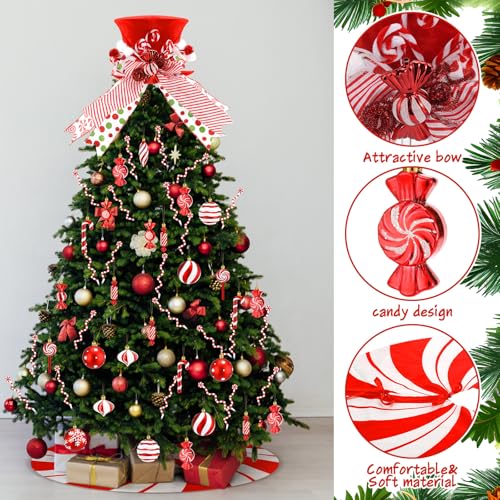 Candy Cane Christmas Decorations Set with Tree Skirt and Topper - Holiday Peppermint Theme