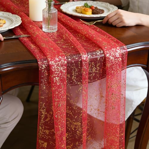10FT Red Tulle Gauze Table Runner with Glitter Foil - Sparkly Party Decor