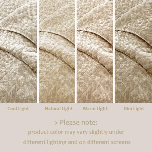 Beige Velvet Cal King Quilt Set 106x118 with 2 Pillow Shams - Fluffy Slumbers