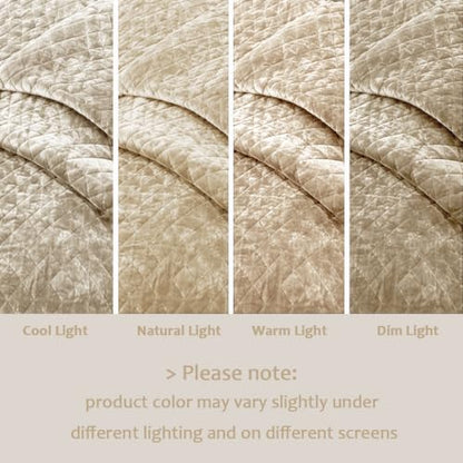 Beige Velvet Cal King Quilt Set 106x118 with 2 Pillow Shams - Fluffy Slumbers