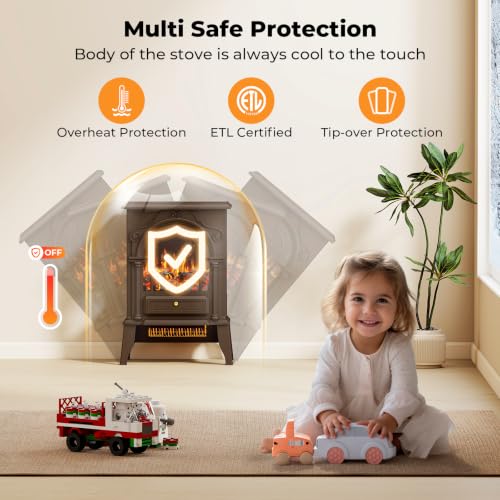 Electric Fireplace Stove with 3D Flame and Thermostat - Brown, 22 Inch