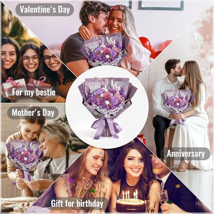 Purple Preserved Flower Bouquet with Real Roses & Hydrangeas - Long Lasting Gift for Weddings, Birthdays, Valentine's, Mother's Day
