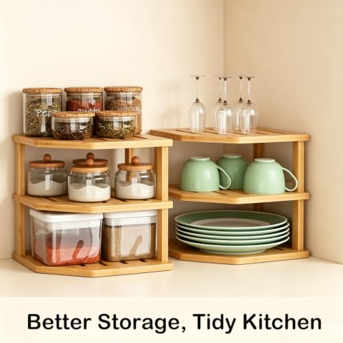 3-Tier Bamboo Corner Shelf for Kitchen Countertop and Cabinet Storage