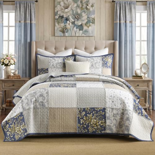 White Cotton Plaid Quilt Set King Size Bedspread with Shams - Vintage Rustic Bedding