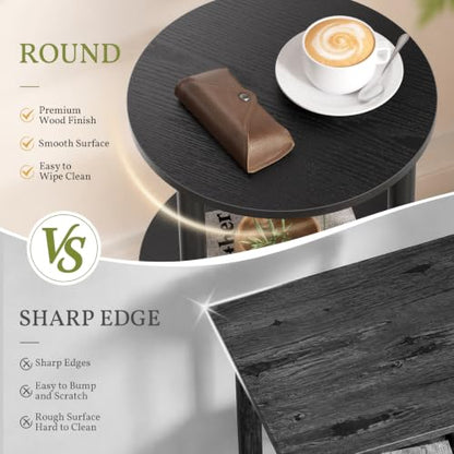 Atoping Black Round Side Table with Charging Station, Easy Assembly