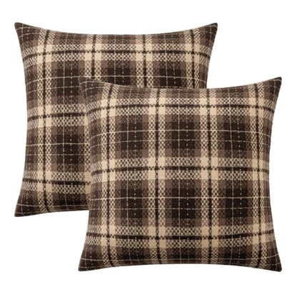 18x18 Inch Tartan Plaid Throw Pillow Covers Set of 2 Coffee Brown Fall