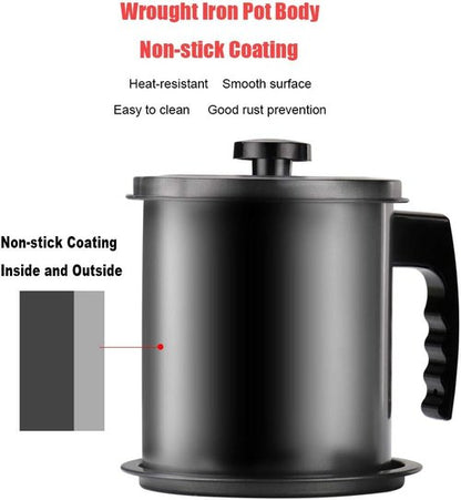 Cambom Bacon Grease Container - 1.3L Cooking Oil Can with Fine Mesh Strainer & Removable Coaster Tray - Black