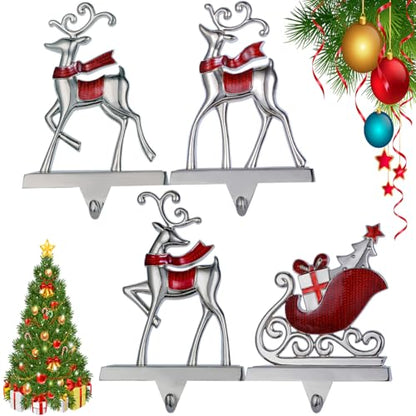 Reindeer Stocking Hangers and Sleigh Hooks Set - Christmas Fireplace Decor - Red Reindeer Variation