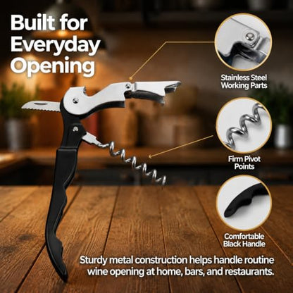Waiter Corkscrew Wine Opener Set - 4 Pack Black Stainless Steel Bar Tools