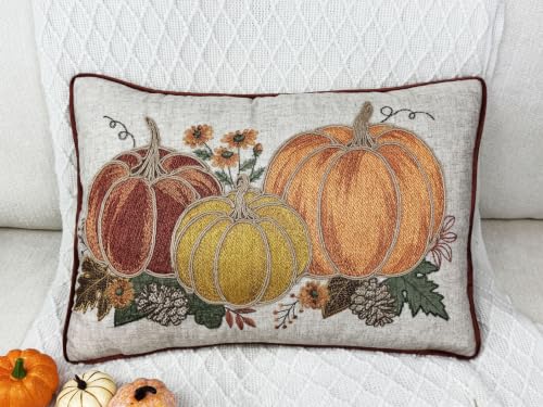 Fall Pumpkin Embroidery Throw Pillow Cover 14x20 Inch Rustic Harvest Decor