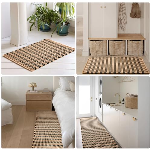 TYUU Waffle Bath Mat, Boho Bathroom Rugs Non Slip Washable Super Absorbent Quick Dry Bath Mat Farmhouse Bathroom Decor, 24"x16" Khaki and White