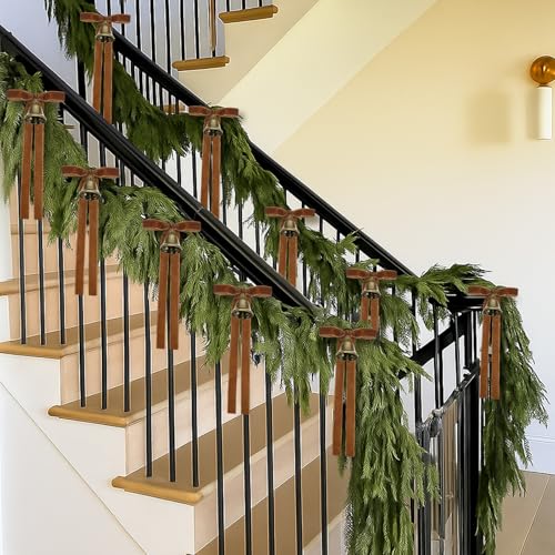 Khaki Christmas Jingle Bell Garland with Bows - Rustic Holiday Decor