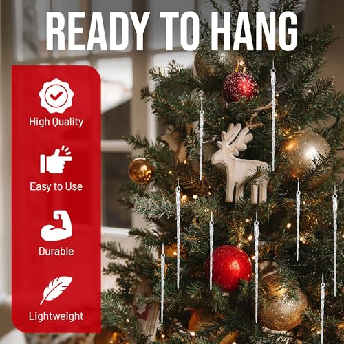 24 Pc Glass Christmas Icicle Ornaments Set - 12x 4-Inch & 12x 6-Inch Clear Twisted Decorations, Holiday Tree & Winter Decor