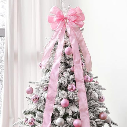 Pink Christmas Tree Topper Bow with Long Streamers - Large Holiday Decoration