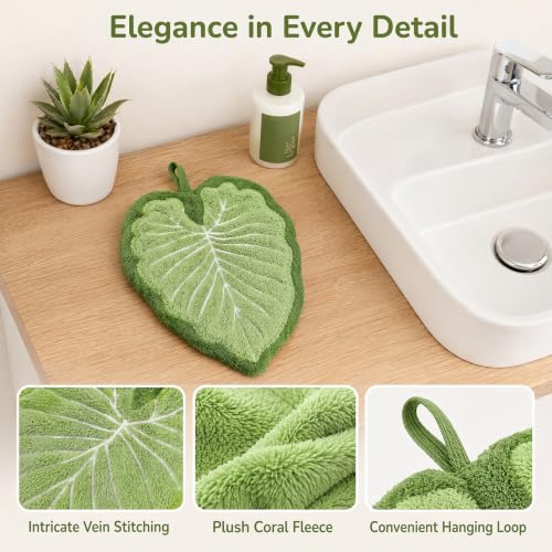 Green Leaf Hand Towels 2 Pack - Microfiber Bathroom & Kitchen Hand Drying