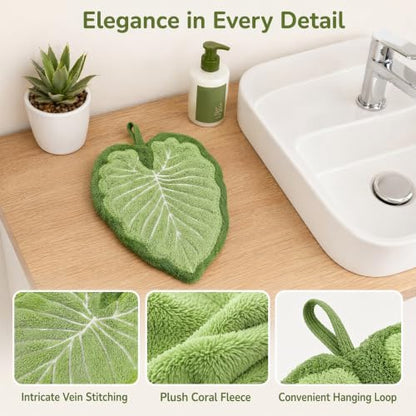 Green Leaf Hand Towels 2 Pack - Microfiber Bathroom & Kitchen Hand Drying