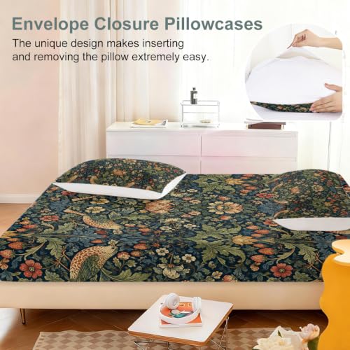 Berry Bird Lotus Pattern Floral Fitted Sheet Set King Size with Elastic Edges