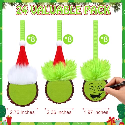 24 Pack Christmas Green Monster Ornaments - Wooden Hanging Holiday Decor
