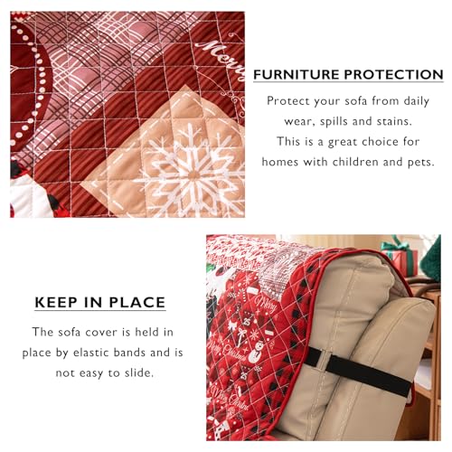 Christmas Sofa Cover for Recliner - Red Patchwork Slipcover with Elastic Straps