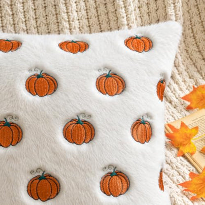 Fall Pumpkin Embroidered Pillow Cover 18x18 Bright Orange & White Set of 2