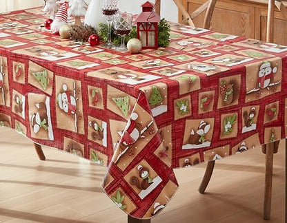 Christmas Forest Friends Vinyl Square Tablecloth 52 x 52 Inch with Flannel Backing - Red & Woodland Animals
