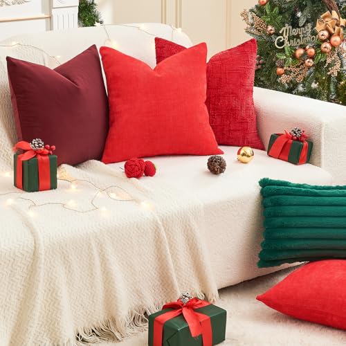 22x22 Inch Red Chenille Throw Pillow Covers Pack of 4 - Christmas Decorative Cushions