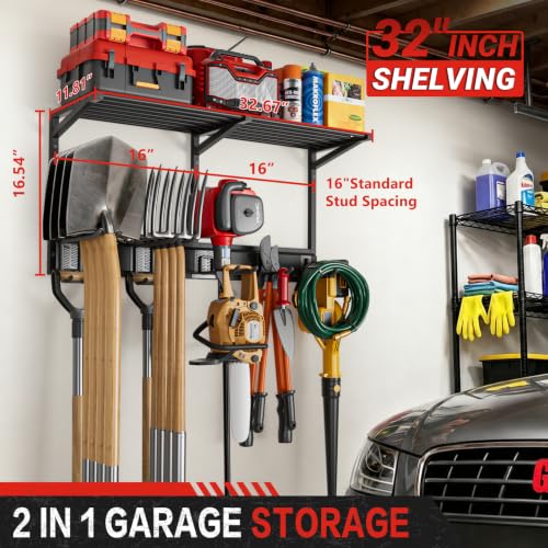 32-Inch Garage Wall Organizer with Shelves, Hooks & Heavy Duty Metal Storage