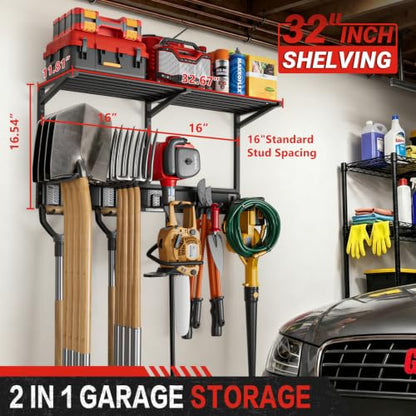 32-Inch Garage Wall Organizer with Shelves, Hooks & Heavy Duty Metal Storage