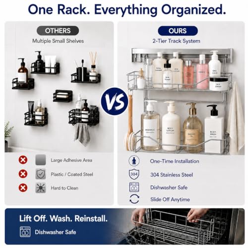 2-Tier Premium Shower Caddy with 8 Hooks - Deep & Shallow Baskets, Stainless Steel, Adhesive or Screw Mount